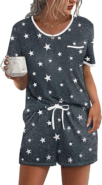 Pajama Set for Women 2 Piece Lounge Set Short Sleeve Tops and Shorts Soft Sleepwear, Chest Pocket