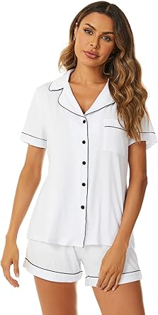 Button Up Pajama Set for Women Shorts Short Sleeve Knit Sleepwear 2 Pice Pjs Sets