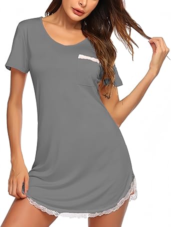 Nightgowns for Women Sexy Sleepshirts V Neck Short Sleeve Sleepwear Lace Trim Soft Night Shirts S-2XL
