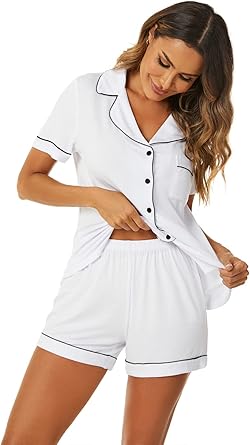 Button Up Pajama Set for Women Shorts Short Sleeve Knit Sleepwear 2 Pice Pjs Sets